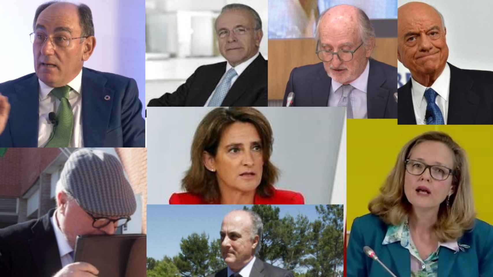 I. Galán, I. Fainé, A. Brufau, F. González, J. M. Villarejo, T. Ribera, N. Calviño y M. García-Castellón.