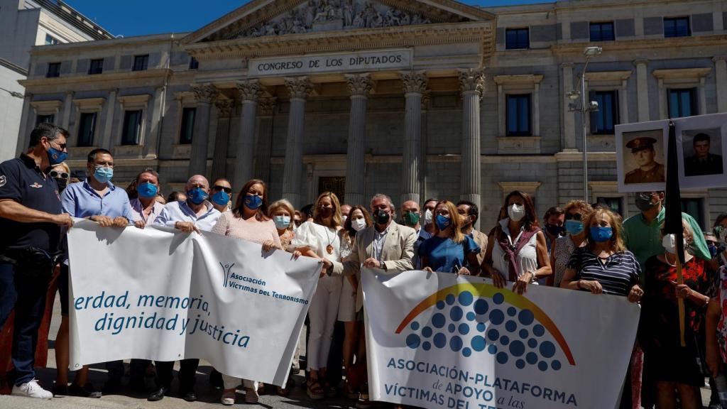 La Asociación Víctimas del Terrorismo (AVT) y otros colectivos posan frente al Congreso de los Diputados.