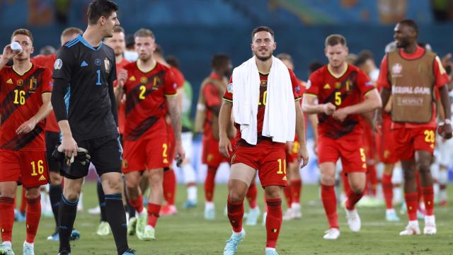 Thibaut Courtois y Eden Hazard, tras el partido ante Portugal