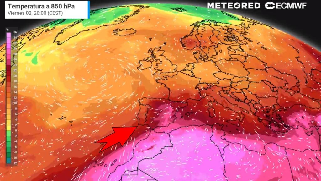 La masa de aire cálido ascendiendo desde África. Meteored.