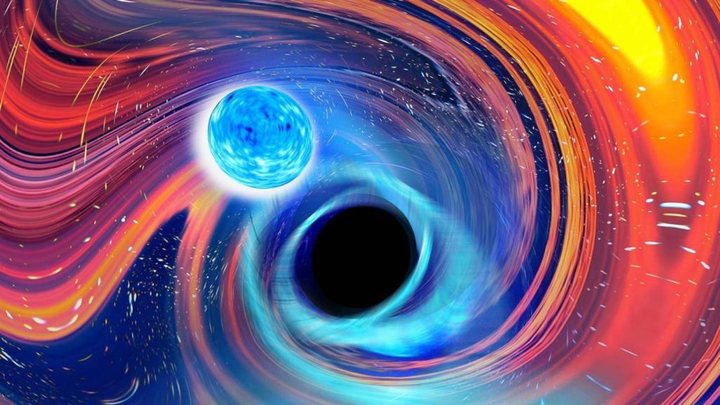 Ilustración inspirada en un evento de fusión de un agujero negro y una estrella de neutrones.