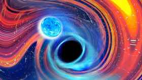 Ilustración inspirada en un evento de fusión de un agujero negro y una estrella de neutrones.