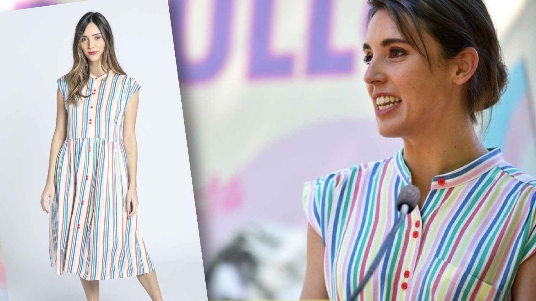 Irene Montero lució este lunes un vestido con los colores de la bandera LGTBIQ+.
