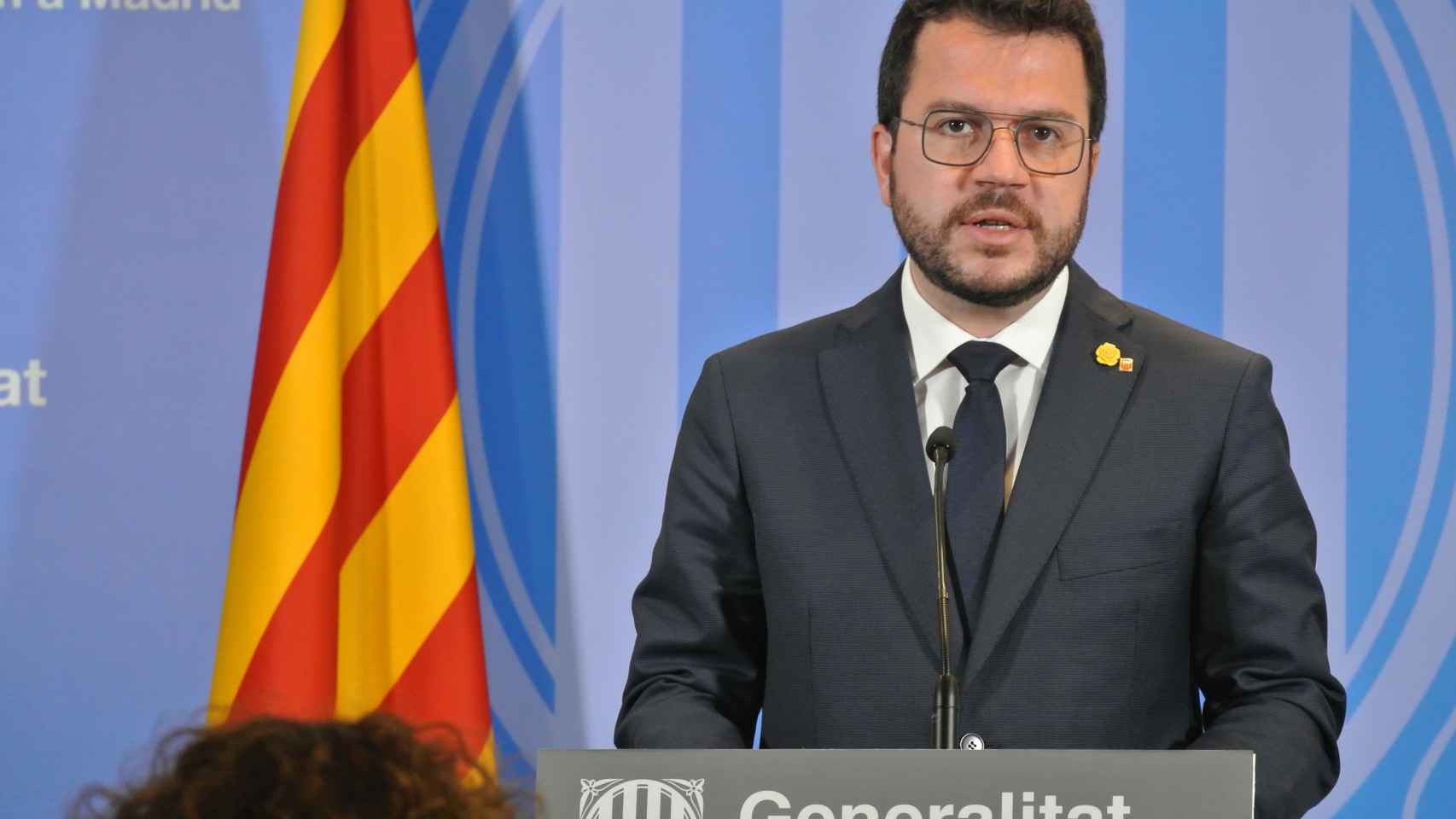 Pere Aragonès, en la rueda de prensa tras la reunión con el presidente del Gobierno, en la Delegación de la Generalitat en Madrid.