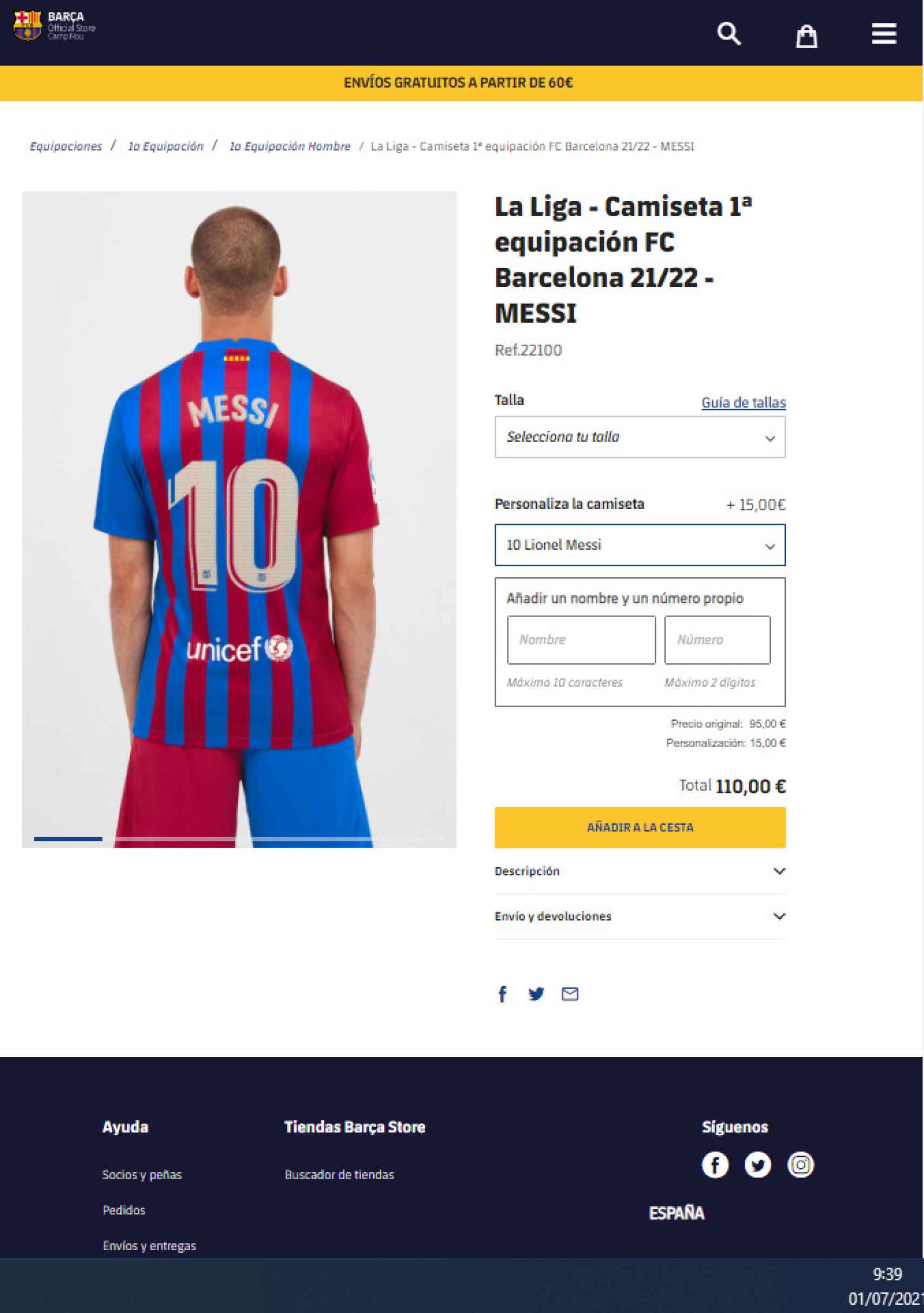 La web del Barça el día 1 de julio vendiendo la camiseta de Leo Messi