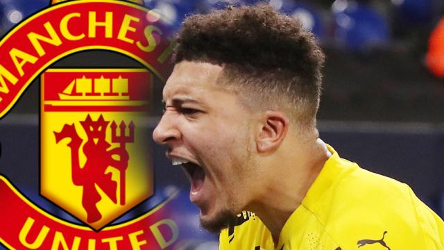 Jadon Sancho y el escudo del Manchester United, en un fotomontaje