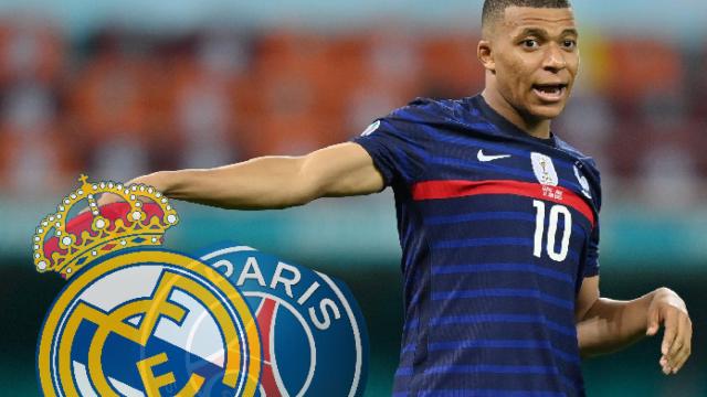 Mbappé junto a los escudos de Real Madrid y PSG