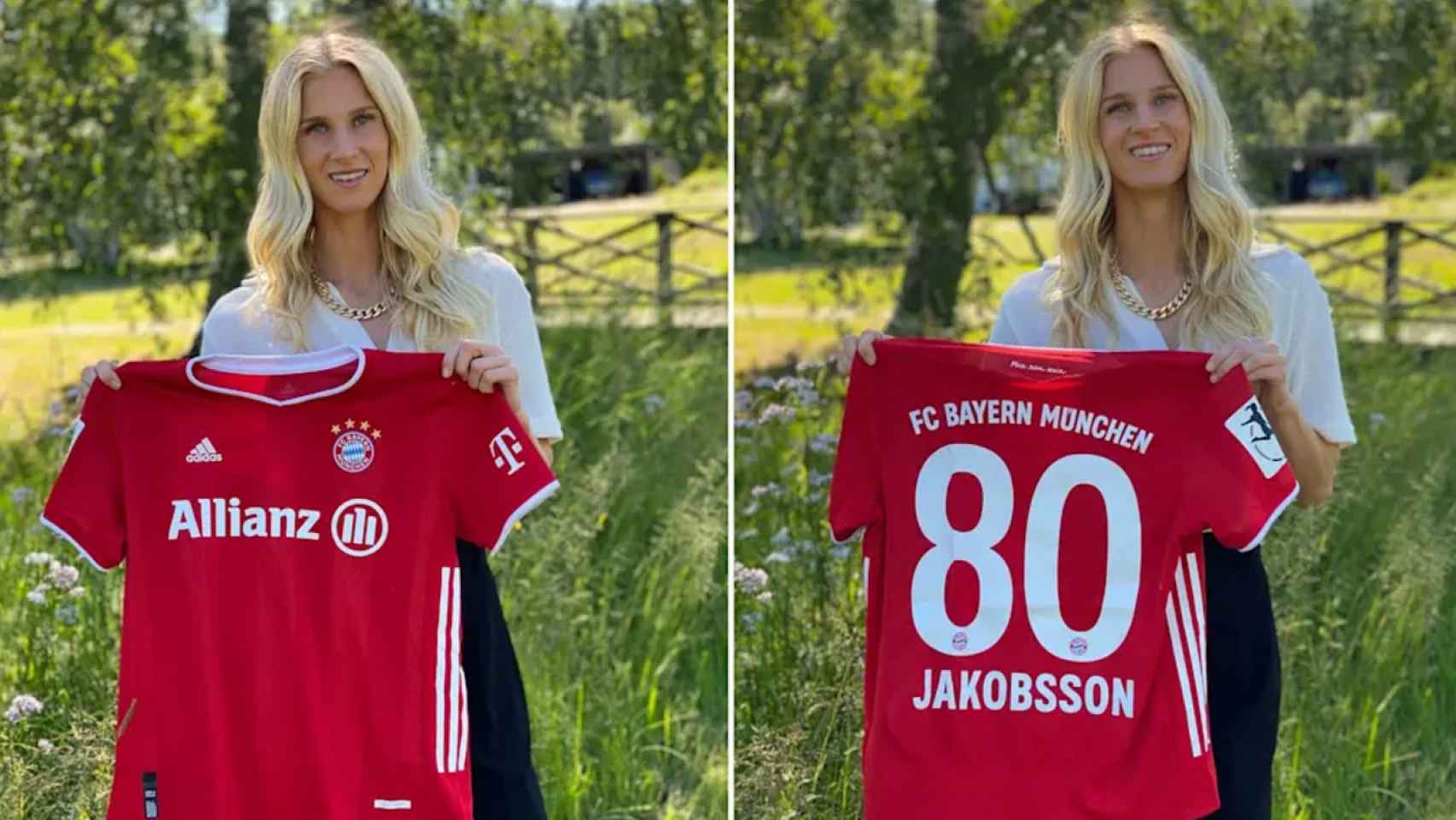 Sofia Jakobsson posando con la camiseta del Bayern Múnich