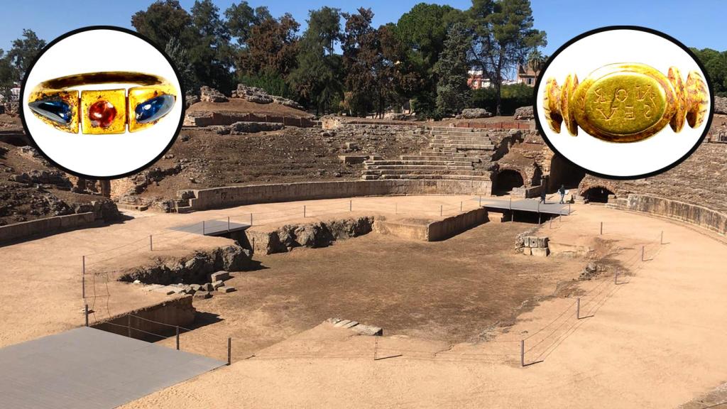 Anfiteatro de Mérida y dos de los anillos del ajuar de Norbana Severa.