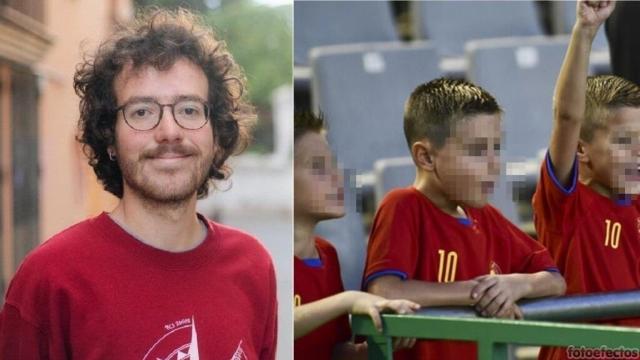 Pol Gómez Buch (izquierda) abronca a un niño por llevar la camiseta de la selección. A la derecha, una imagen de archivo.