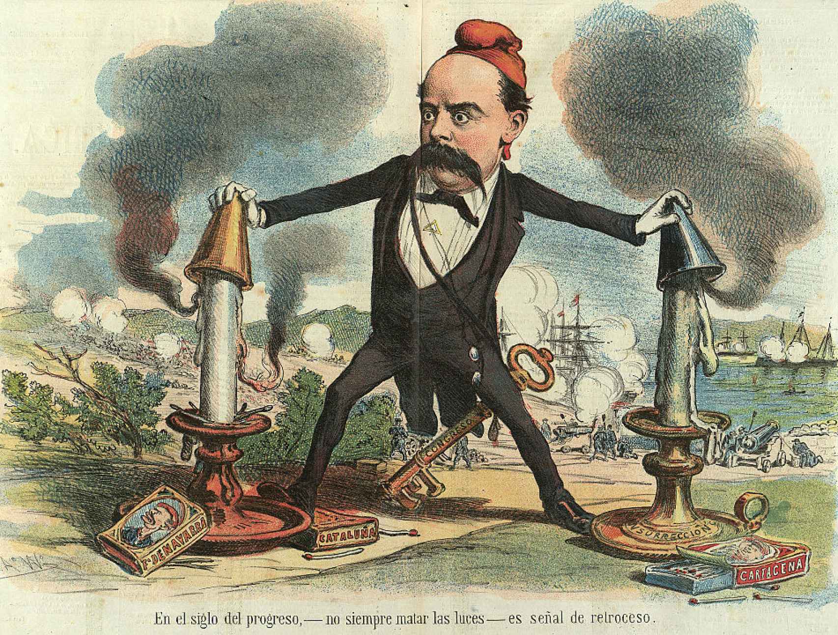 Caricatura publicada en 'La Madeja Política' que dibuja a Emilio Castelar como a un apaga fuegos.