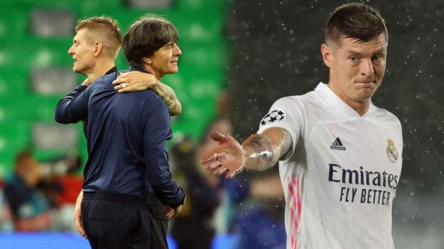 Toni Kroos despidiéndose de Joachim Low y en un partido con el Real Madrid, en un fotomontaje