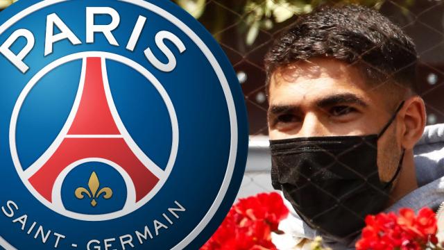 Achraf Hakimi, en un fotomontaje con el escudo del PSG