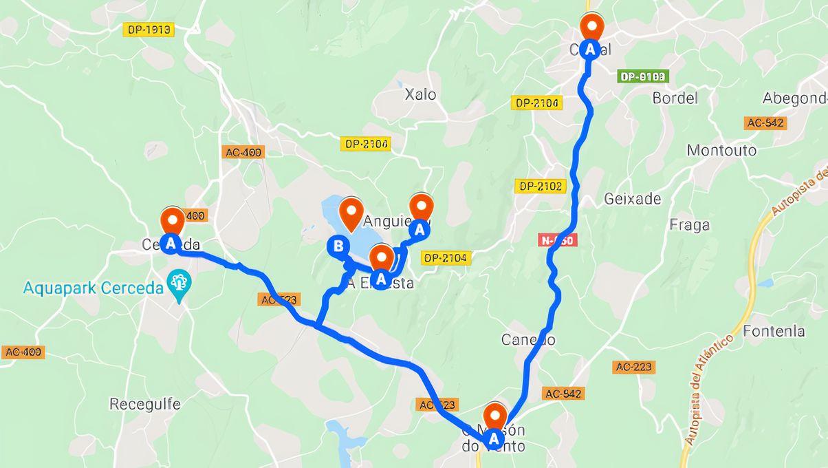 Rutas en coche hasta el Lago de Meirama desde los ayuntamientos y parroquias más próximas.Fuente: Google My Maps