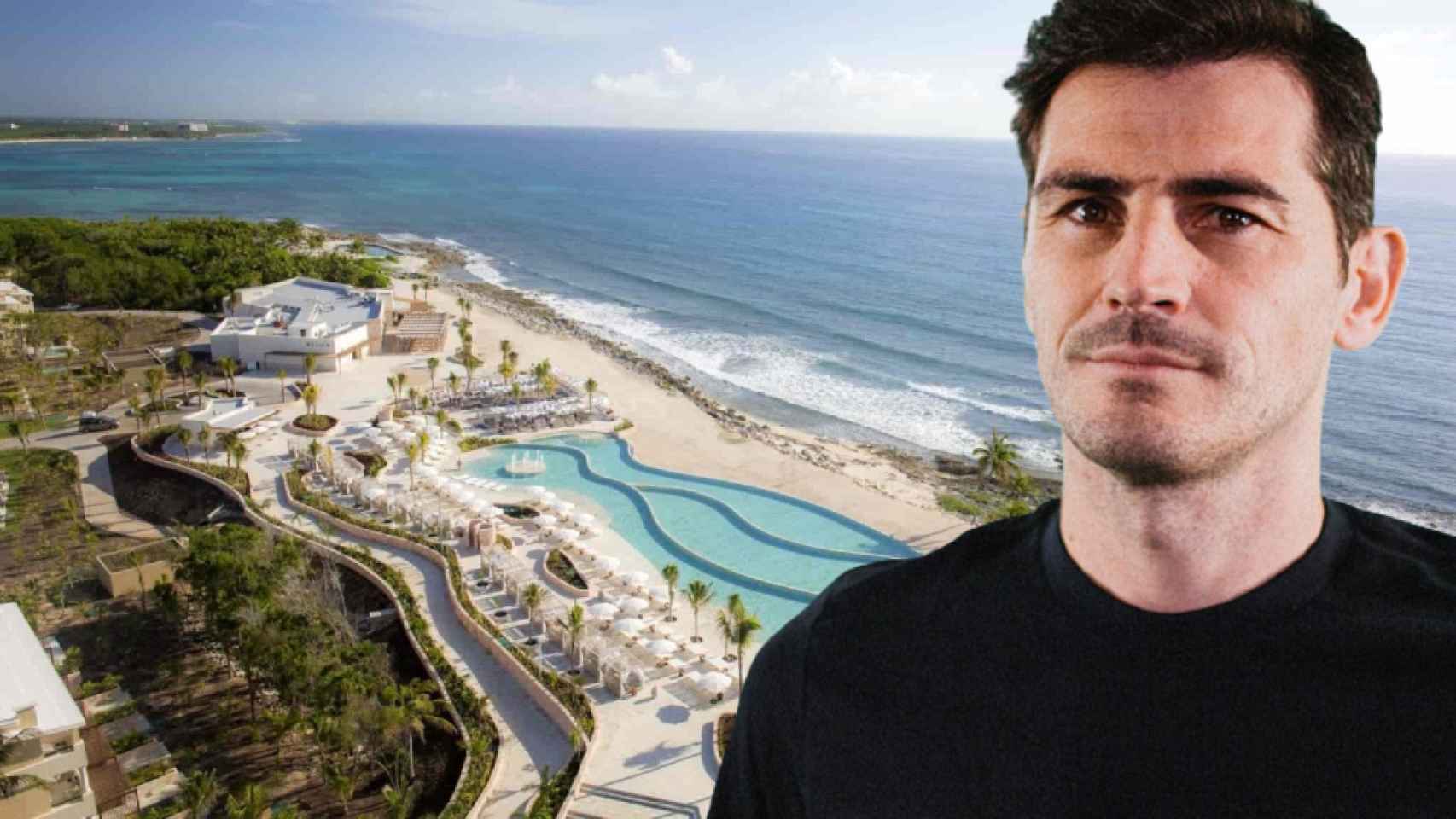 Iker Casillas junto al hotel en el que se hospeda en la Riviera Maya, en un montaje de JALEOS.