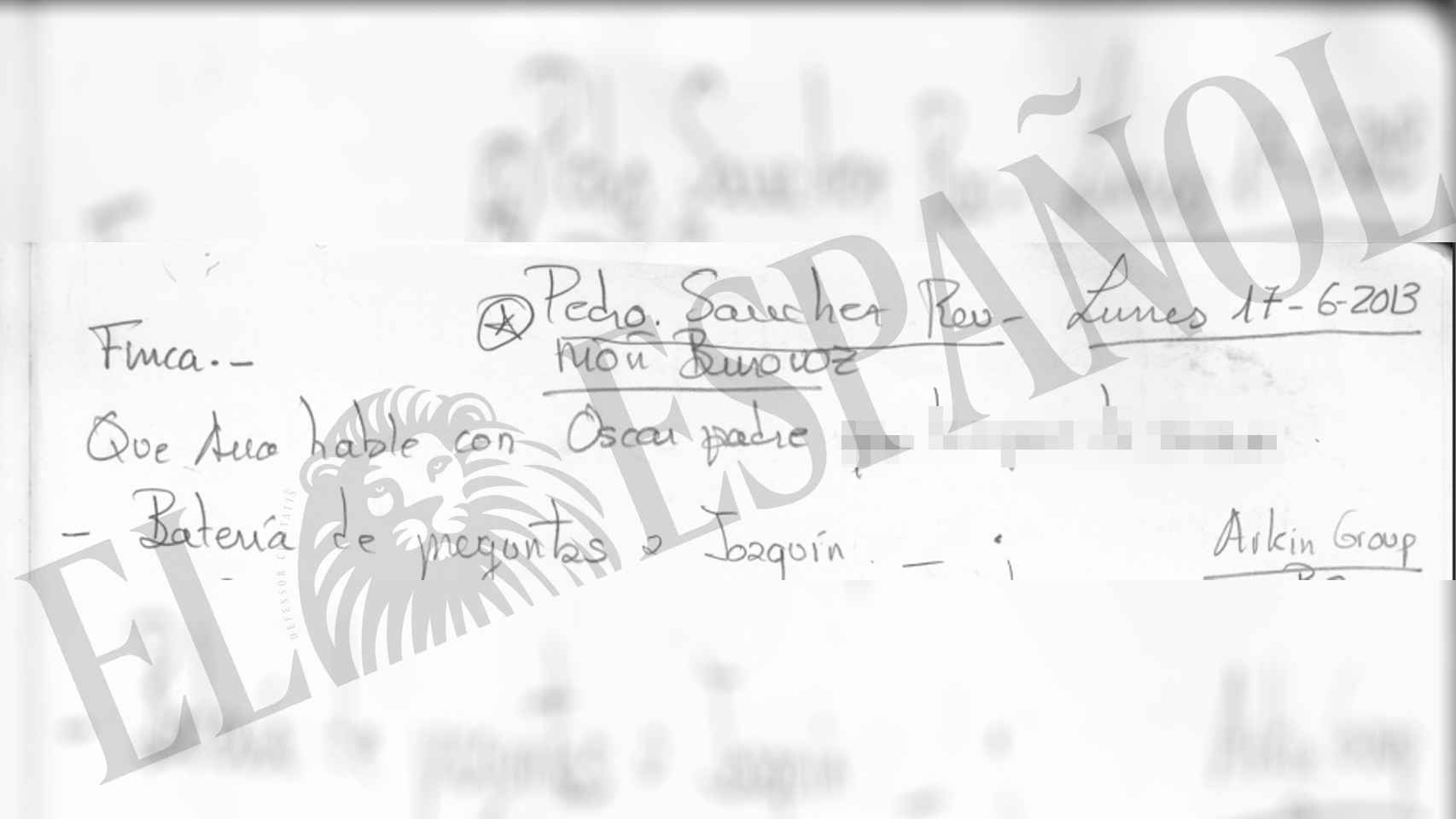 La nota que Villarejo tomó el 17 de junio de 2013: Pedro Sánchez Reunión Burovoz.