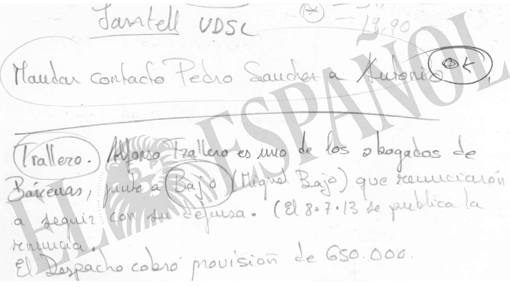 La nota escrita por Villarejo en julio de 2013: Mandar contacto Pedro Sánchez a Antonio.