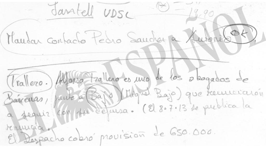 La nota escrita por Villarejo en julio de 2013: Mandar contacto Pedro Sánchez a Antonio.