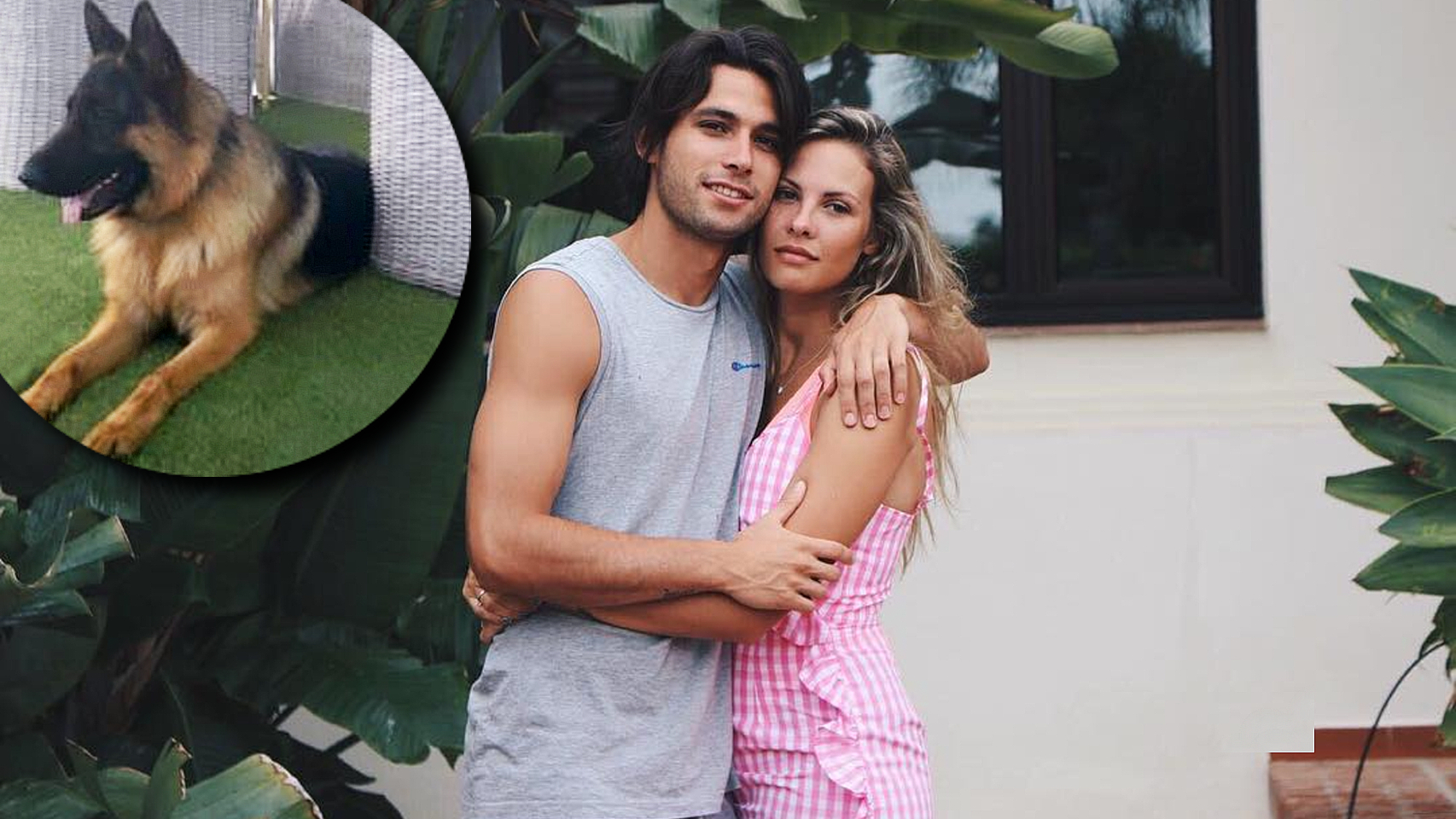 Jessica Bueno y Jota Peleteiro junto a su perro Chase, en un montaje de Jaleos.