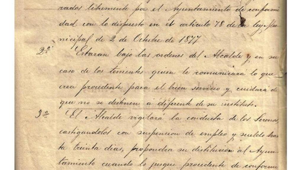 El reglamento del Ayuntamiento de Crevillente sobre el sereno con fecha de 1884.