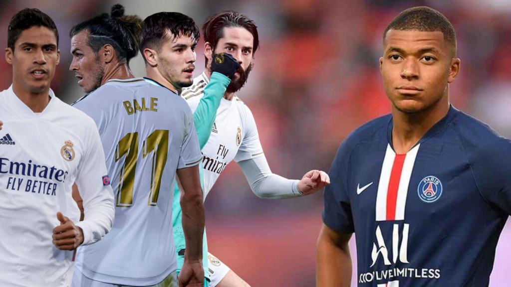 Raphael Varane, Gareth Bale, Brahim Díaz e Isco Alarcón, en un fotomontaje con Kylian Mbappé