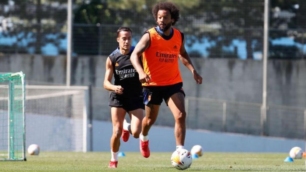 Lucas Vázquez y Marcelo, durante un entrenamiento del Real Madrid