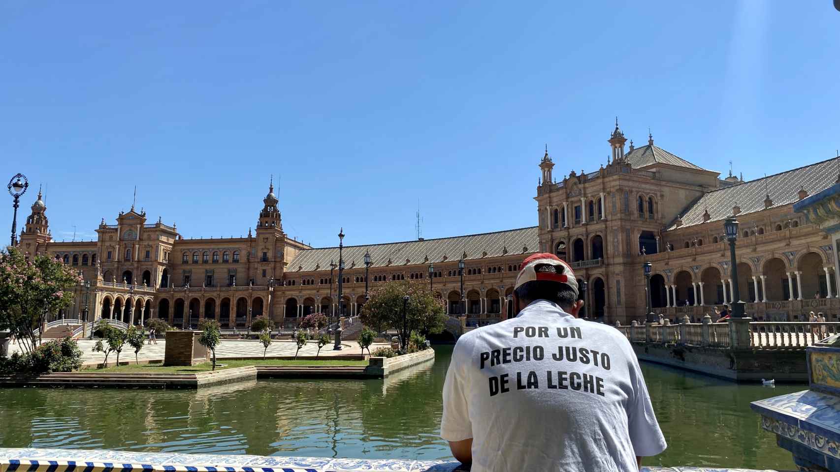 Un manifestante en la Plaza de España de Sevilla.