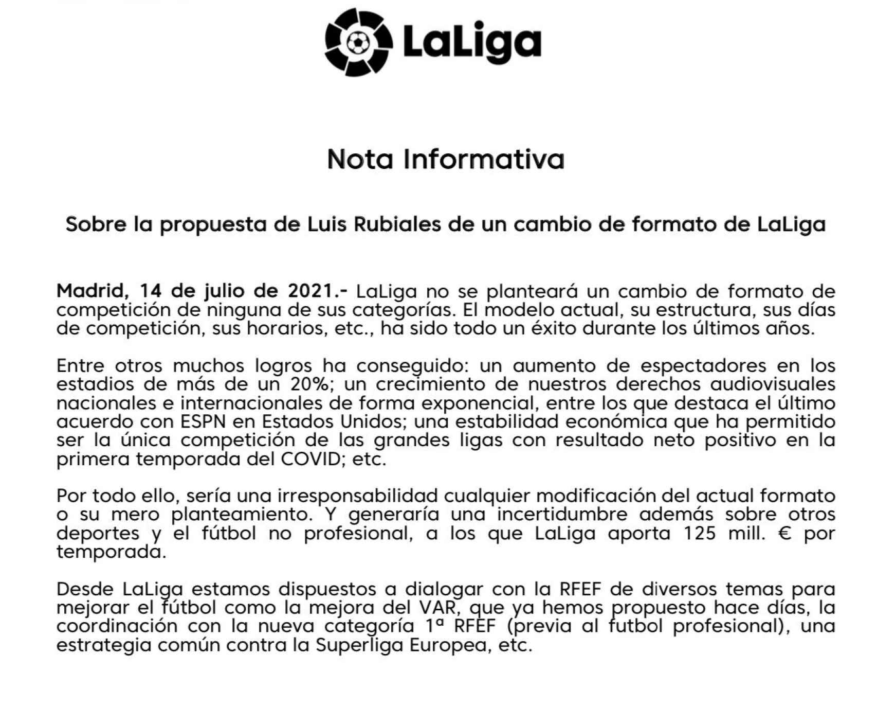 La nota de LaLiga para contestar a la propuesta de Luis Rubiales