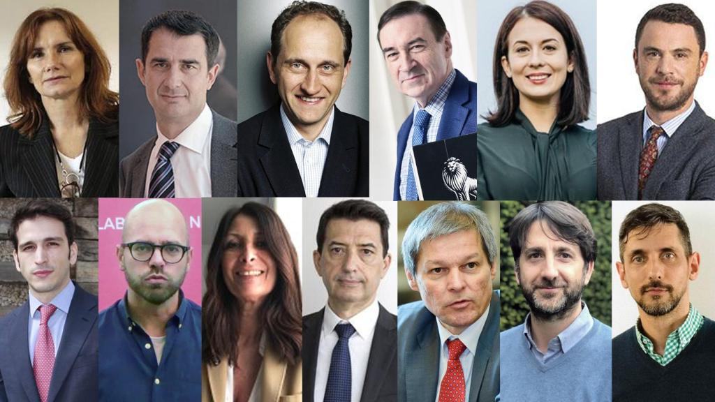 De izda a dcha y de arriba abajo: María Blanco, Benito Arruñada, Alexander Graf, Pedro J. Ramírez, Katalin Cseh, David Henne, David Mejía, Josef Lentsch, Maite Rico, Rafael Doménech, Dacian Ciolos, Isidoro Tapia y Eduardo López Collado.