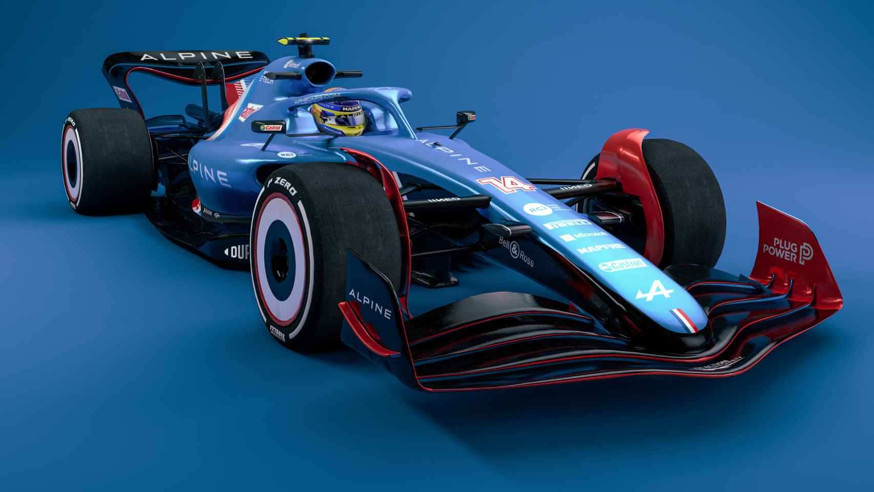 El prototipo de monoplaza que correrá la Fórmula 1 el próximo año, diseñado con inteligencia artificial y pintado con los colores del Alpine de Fernando Alonso.