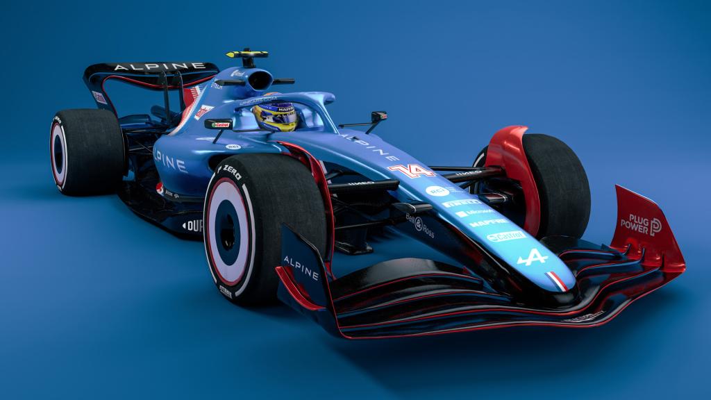 El prototipo de monoplaza que correrá la Fórmula 1 el próximo año, diseñado con inteligencia artificial y pintado con los colores del Alpine de Fernando Alonso.