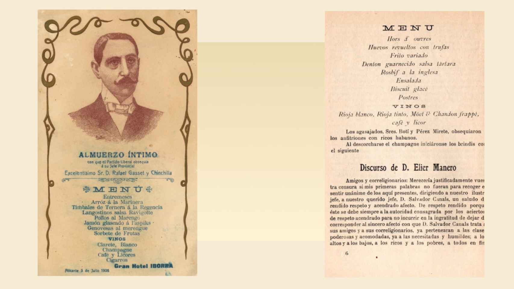 Los menús de 1908 y 1915 de ambos festines políticos en Alicante.