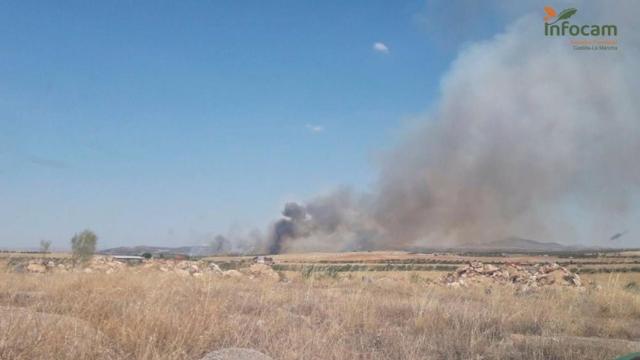 Medios aéreos y terrestres trabajan en un incendio en San Martín de Montalbán (Toledo)
