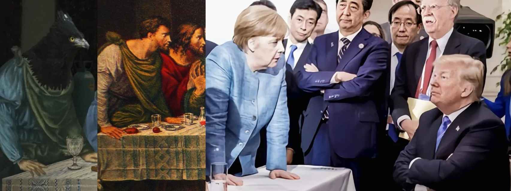 Detalle de La última cena del G7 basado en las posturas del apóstol Bartolomé y Angela Merkel.