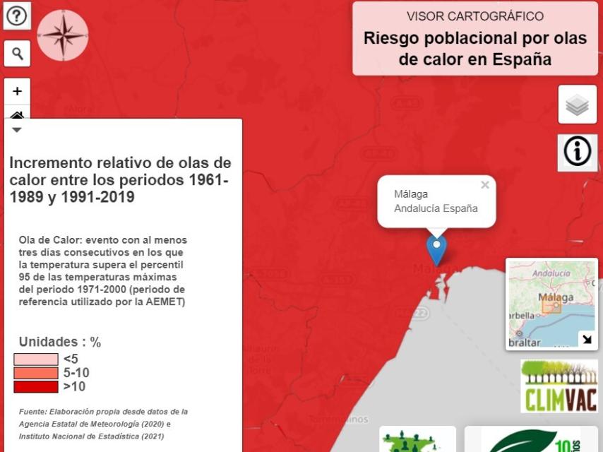 Mapa de la provincia con el aumento de olas de calor en Málaga.