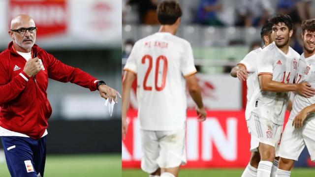 Collage con Luis de la Fuente y los jugadores de la selección celebrando un gol