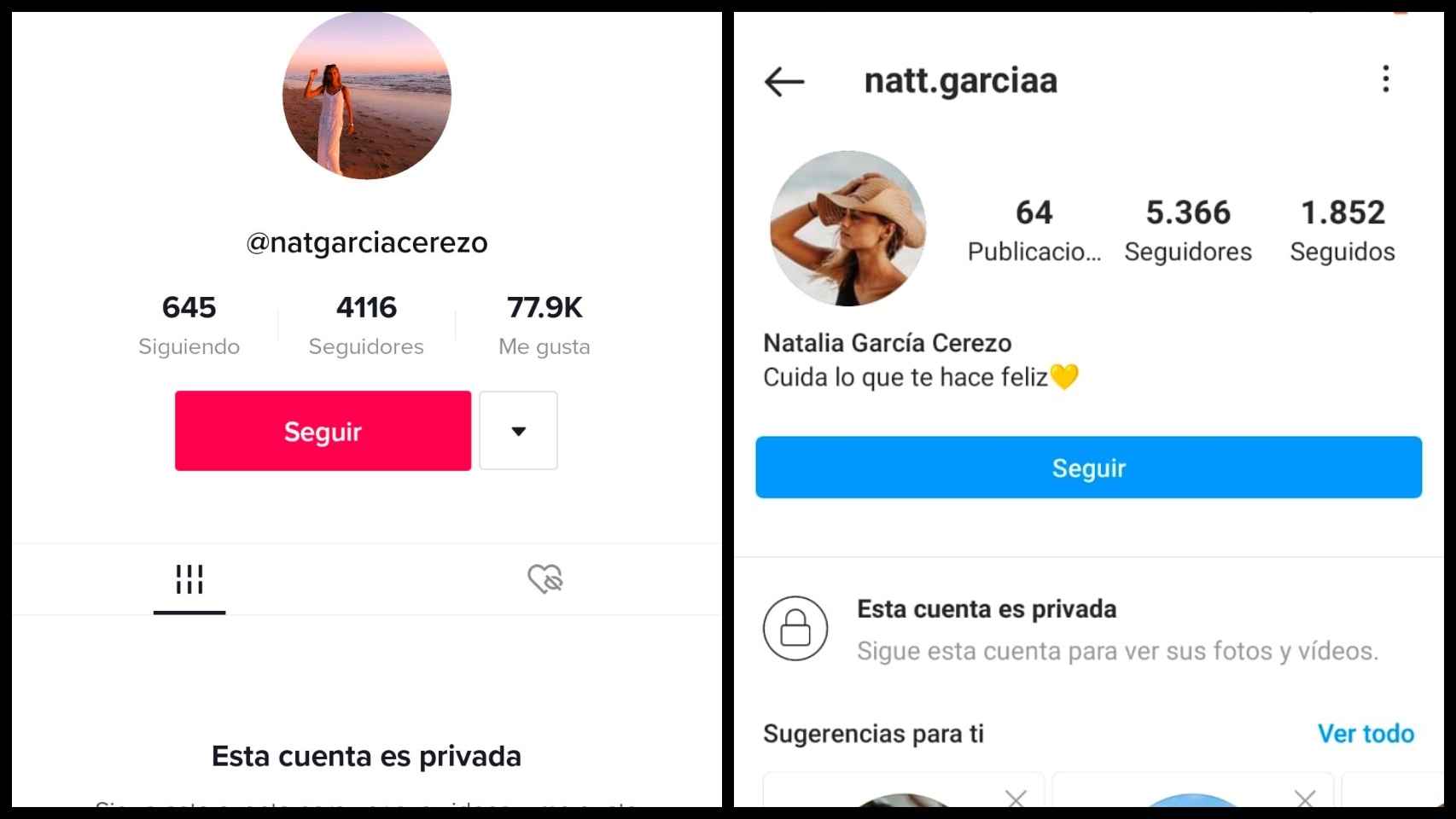Las cuentas de TikTok e Instagram de Natalia.
