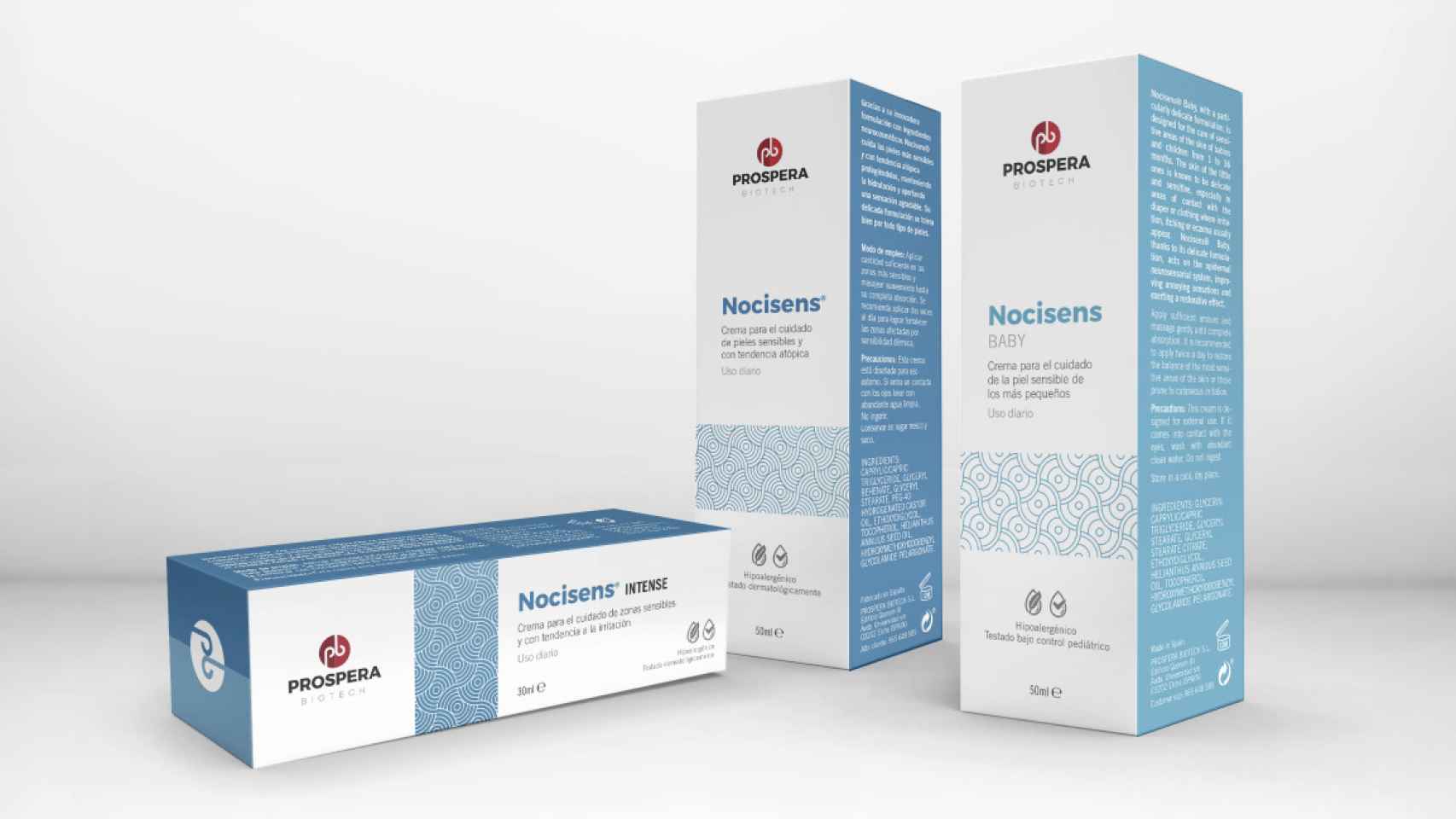 Gama Nocisens de Prospera Biotech que incorpora su biotecnología que actúa sobre las terminaciones nerviosas.