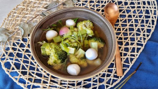 Sopa jardinera de verano, una sopa de verduras con mozzarella