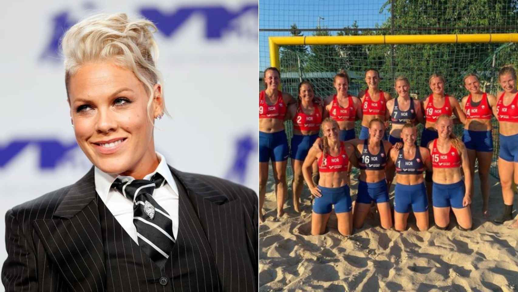 La cantante Pink y la selección noruega de balonmano playa.