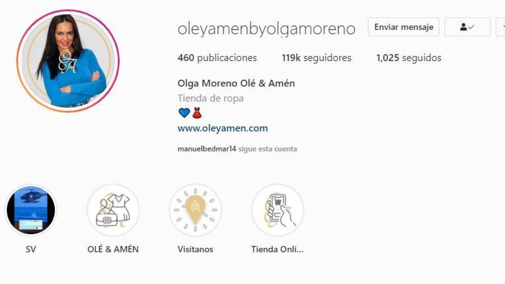 Imagen de la cuenta de Instagram de Olga Moreno, en la que se puede apreciar su número de seguidores.