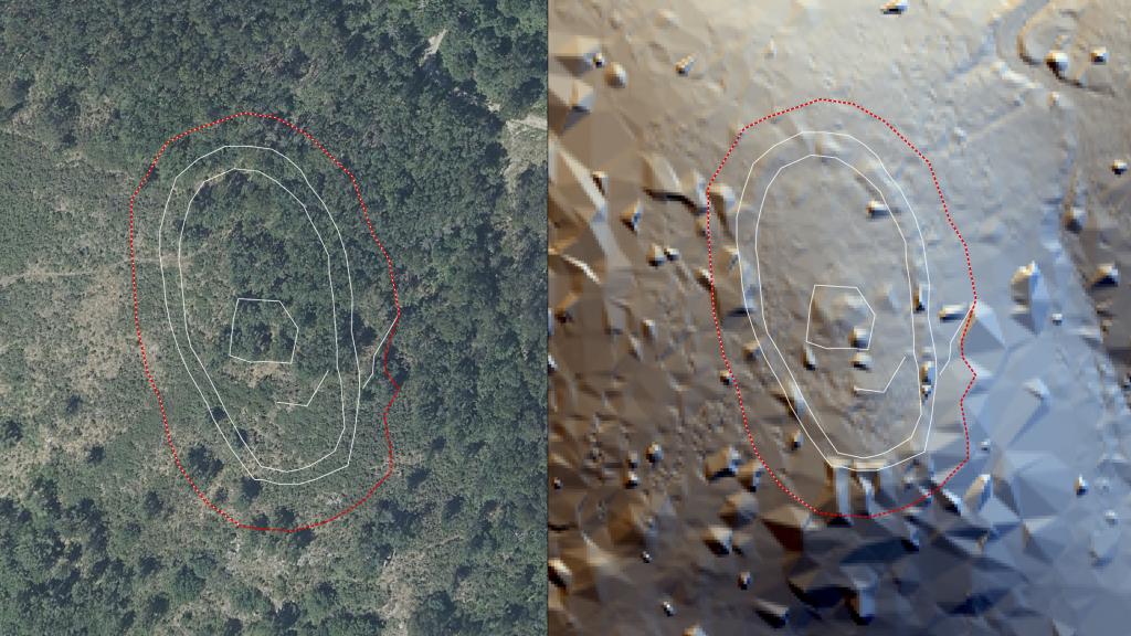 Situación actual del castillo de Teodomiro, oculto bajo la vegetación y restos detectados con análisis RVT.