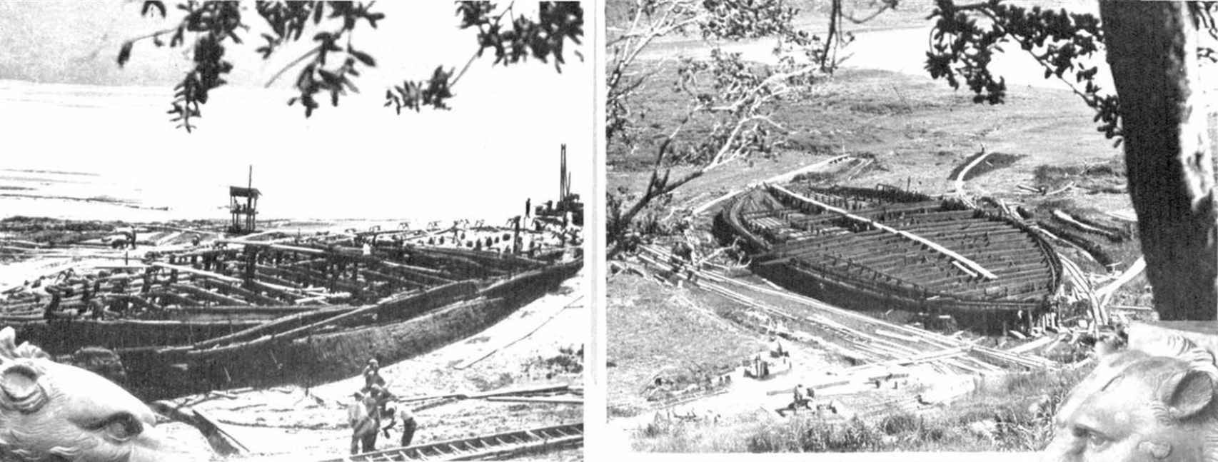 Imagen de los barcos de Calígula durante su excavación. Recorte de prensa de un periódico de 1932.