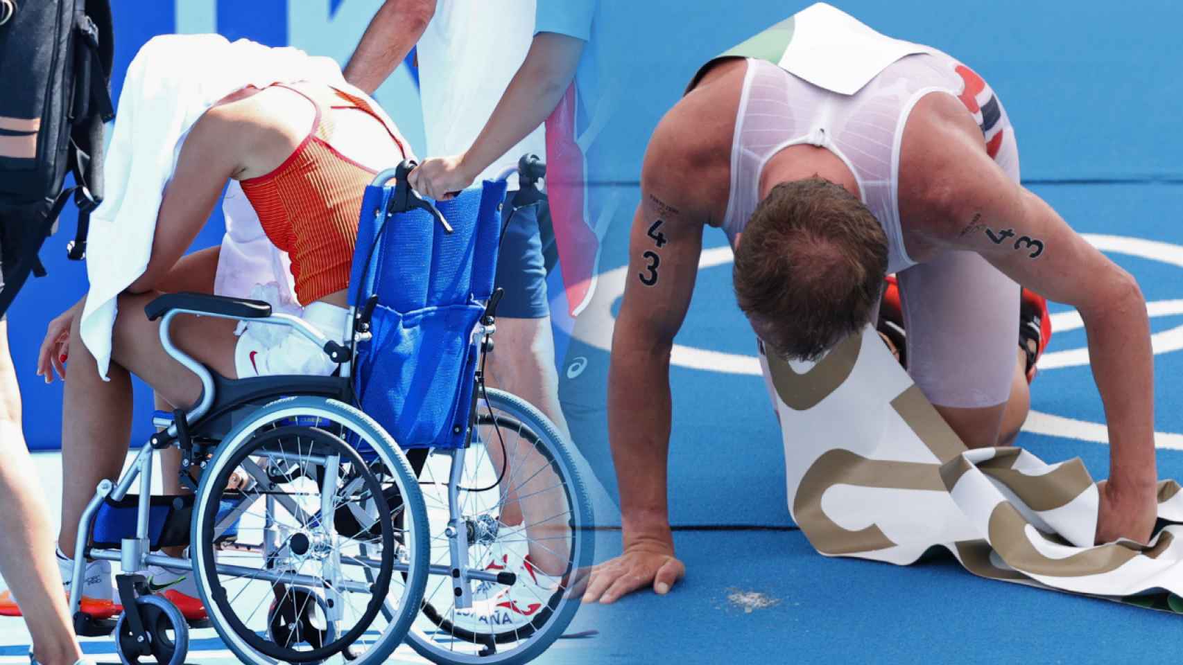 Paula Badosa, en silla de ruedas, y Kristian Blummenfelt, vomitando, en un fotomontaje