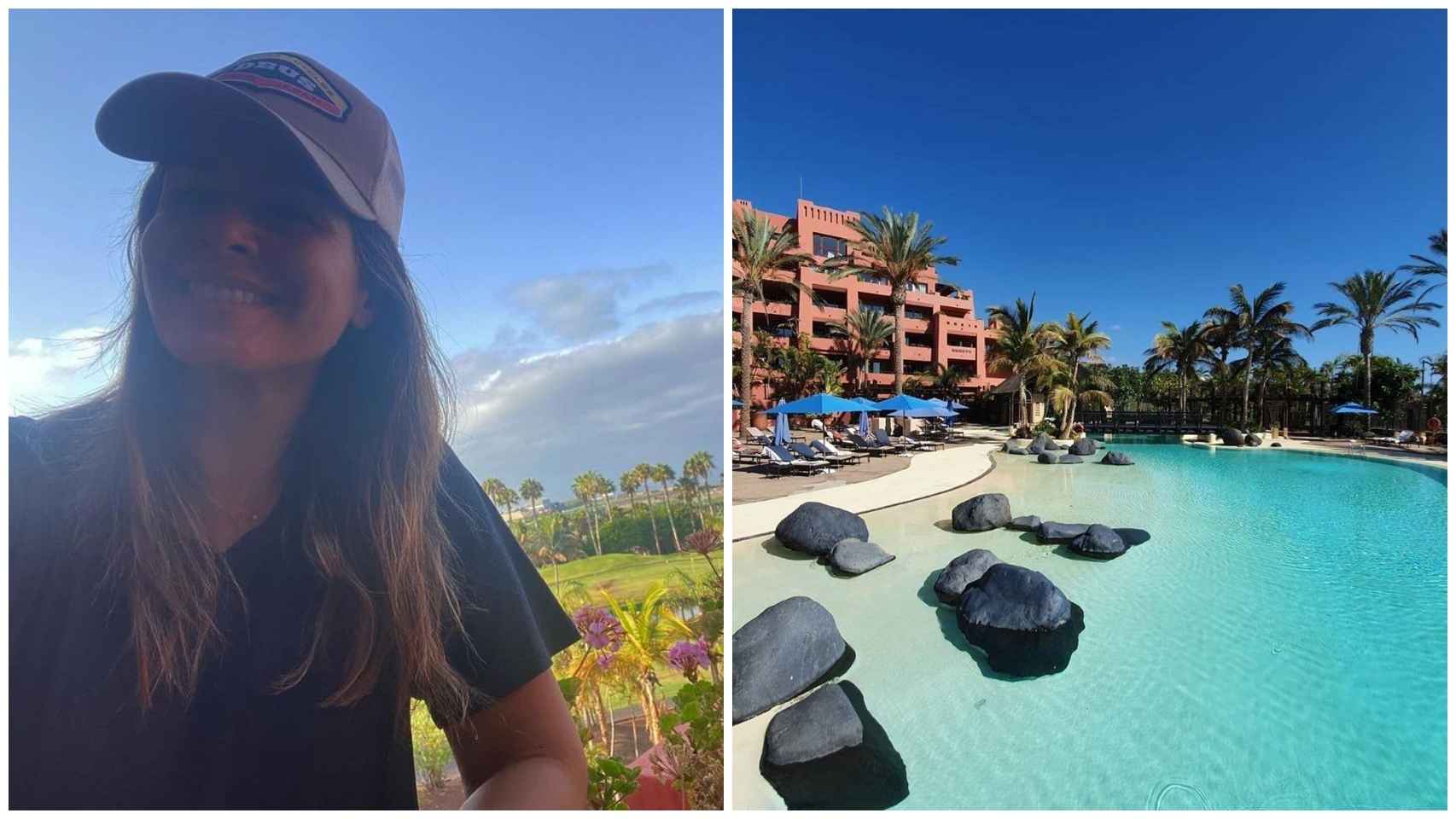 A la izquierda, una imagen comartida por la presentadora, desde el hotel. A la derecha, una de las siete piscinas.