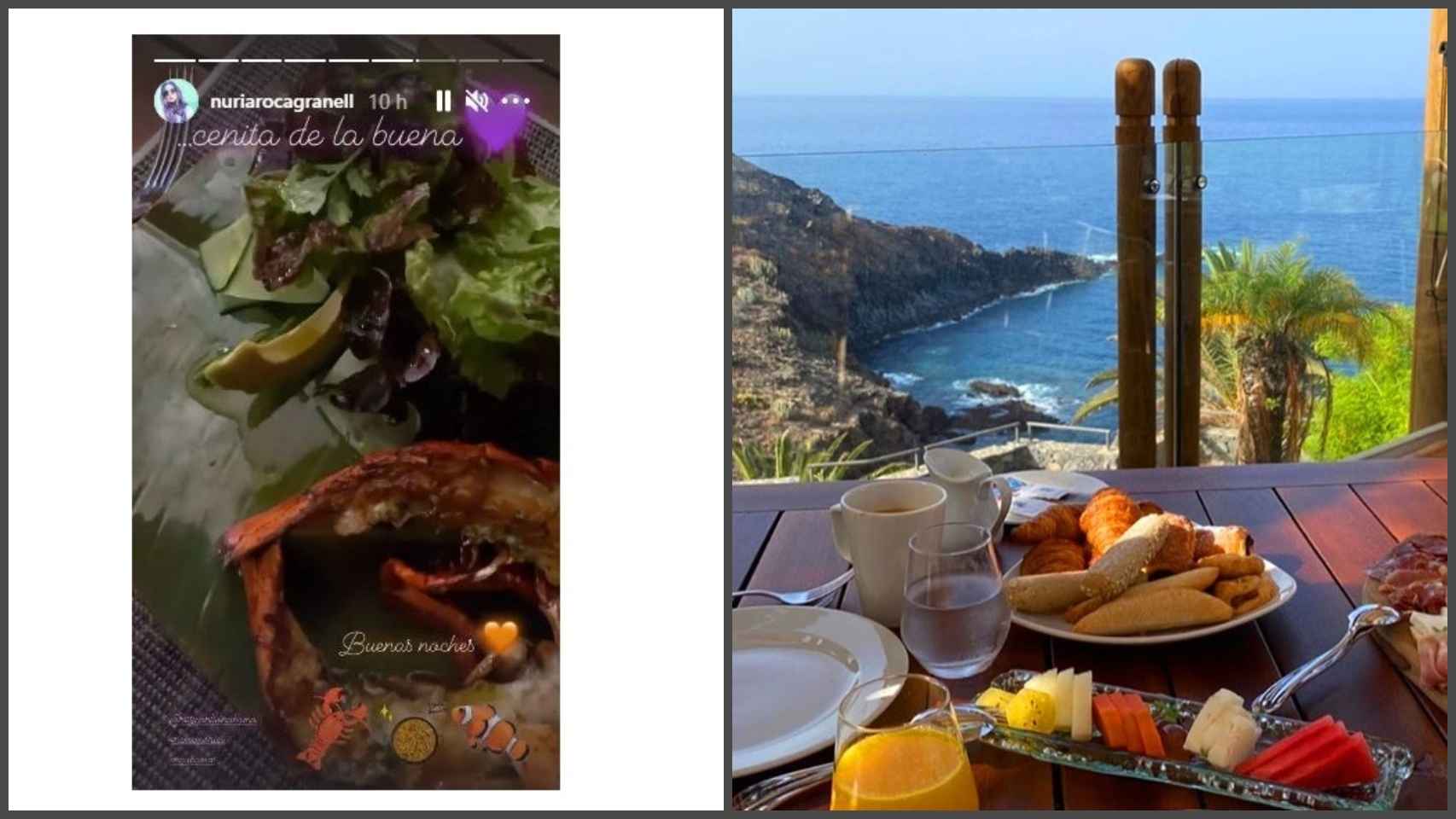 A la izquierda, 'story' compartido por Nuria en el que muestra su cena.  A la derecha,  una de las posibilidades gastronómicas del hotel.