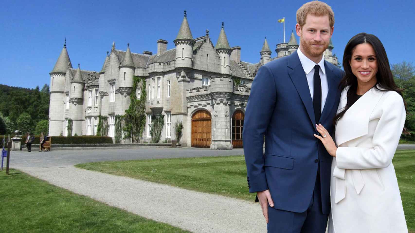 Meghan Markle y el príncipe Harry junto al castillo de Balmoral, en un montaje de JALEOS.