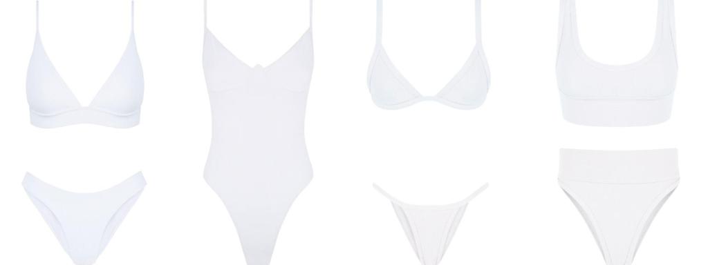 1. Top Erin Rib White (34,95 eur.) + Bottom Julie Rib White (29,95 eur.) 2. Tessa Onepiece White (49,95 eur.) 3. Top Palmyra Rib White (29,95 eur.) + Bottom Birnie Rib White (29,95 eur.) 4. Top Banaba Rib White (29,95 eur.) + Bottom Maure Rib White (24,95 eur.)