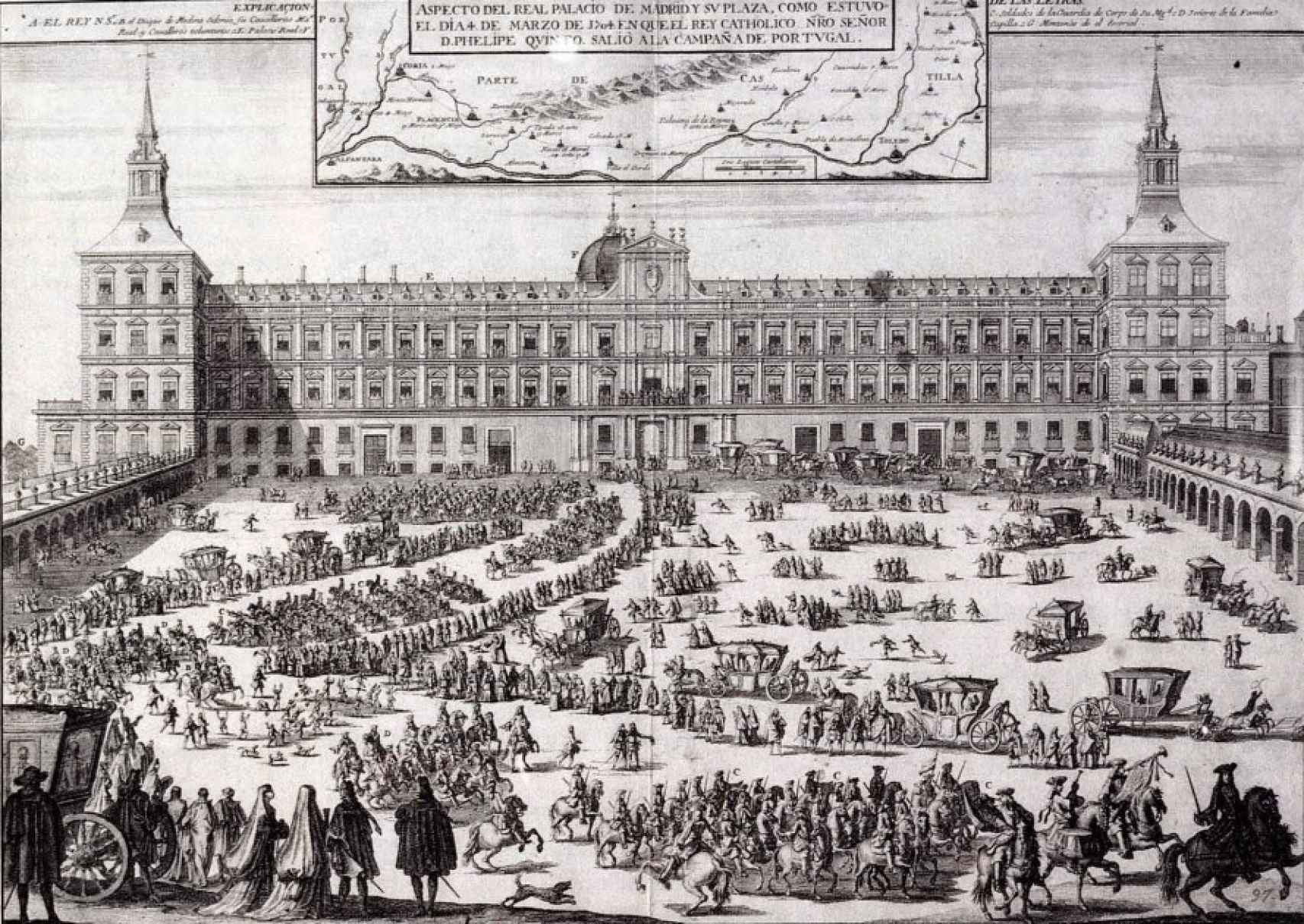 Grabado de Filippo Pallota, donde se puede apreciar la fachada principal del Alcázar de Madrid en 1704.