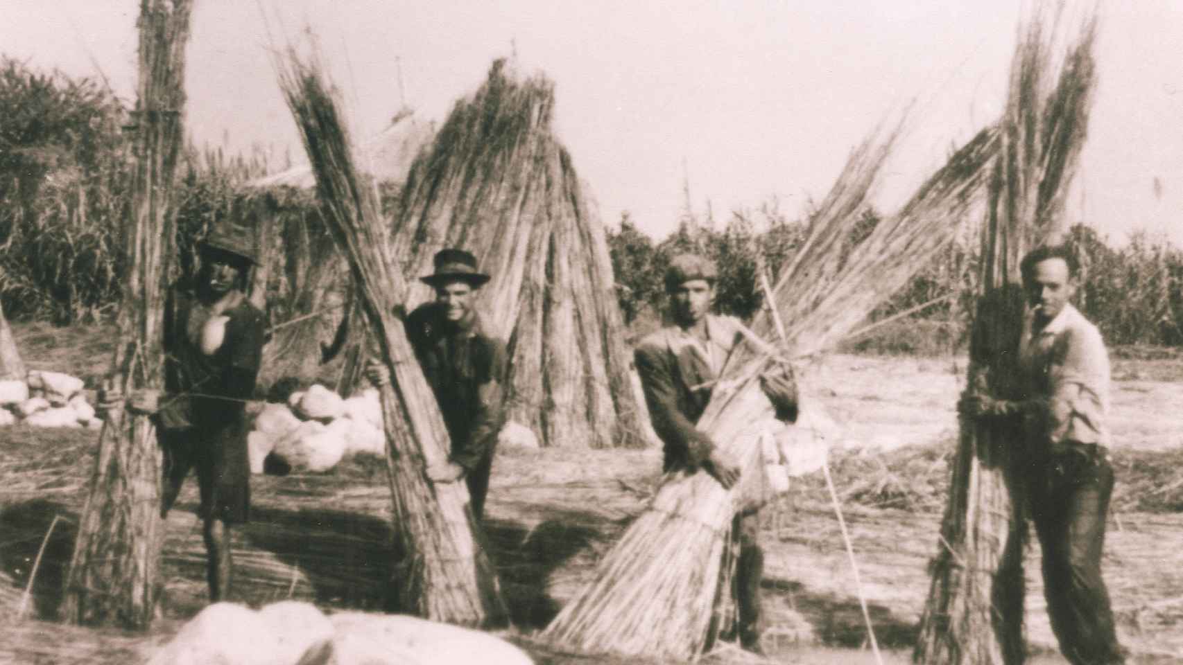 Una imagen antigua donde aparecen unos jóvenes trabajando con los 'frailes'  para fermentar cáñamo, proceso conocido como embalsar.